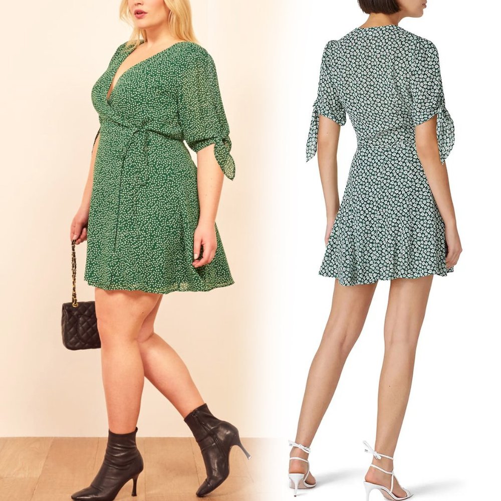 Reformation Venezuela Sammy Crepe Wrap Mini Dress Green White Floral Print Large